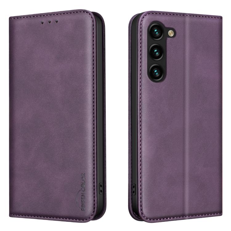 

For Samsung Galaxy S21 FE 5G BINFEN COLOR Calfskin Texture Magnetic RFID Vegan Leather Phone Case(Purple)