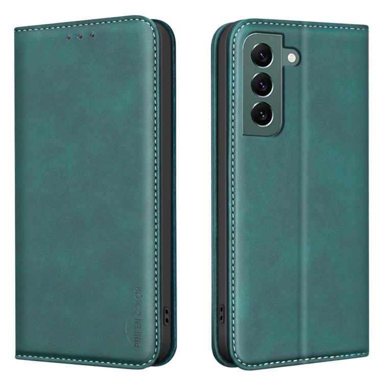 For Samsung Galaxy S21+ 5G BINFEN COLOR Calfskin Texture Magnetic RFID Vegan Leather Phone Case(Green)
