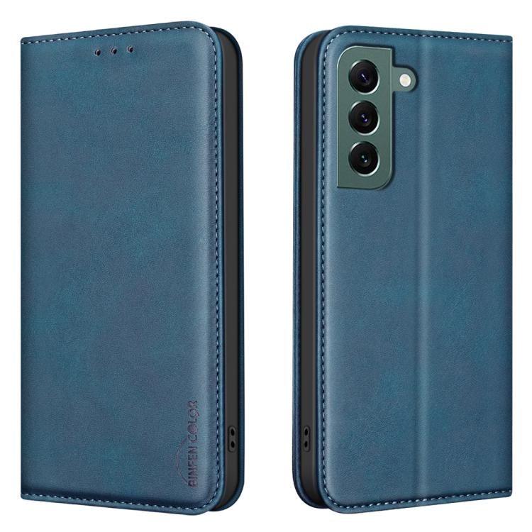 

For Samsung Galaxy S21+ 5G BINFEN COLOR Calfskin Texture Magnetic RFID Vegan Leather Phone Case(Blue)