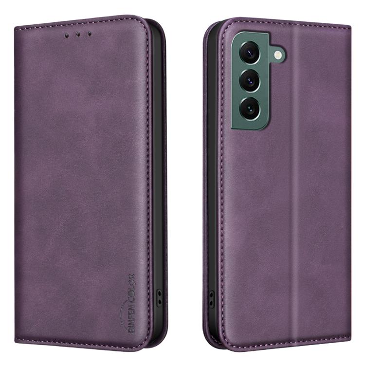 

For Samsung Galaxy S22+ 5G BINFEN COLOR Calfskin Texture Magnetic RFID Vegan Leather Phone Case(Purple)