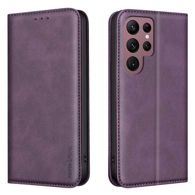 

For Samsung Galaxy S22 Ultra 5G BINFEN COLOR Calfskin Texture Magnetic RFID Vegan Leather Phone Case(Purple)