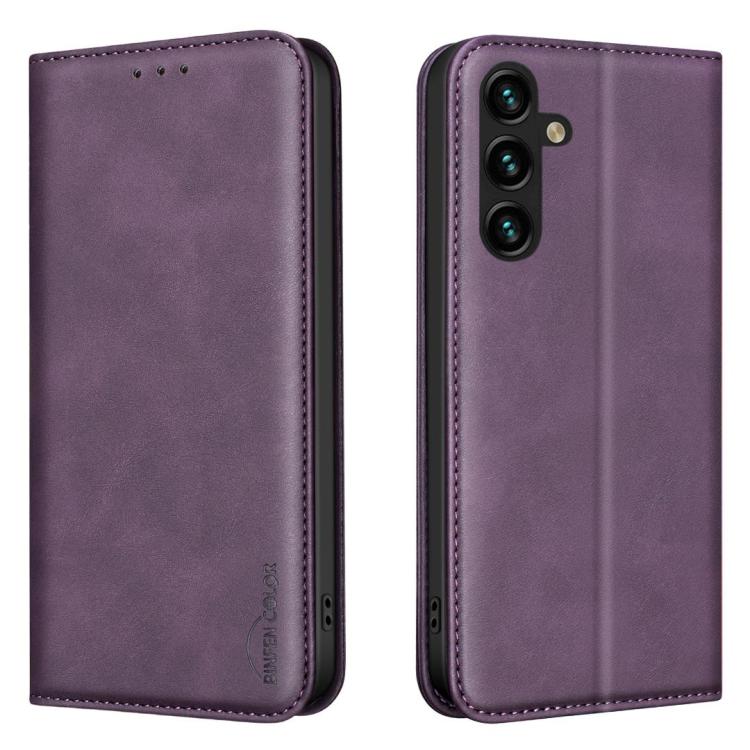 

For Samsung Galaxy S23 FE 5G BINFEN COLOR Calfskin Texture Magnetic RFID Vegan Leather Phone Case(Purple)