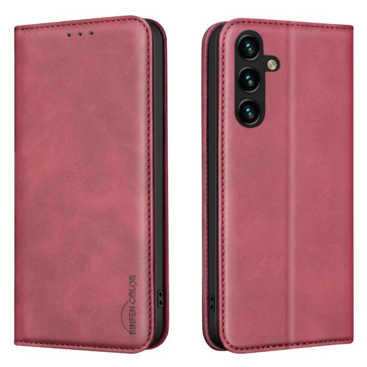 For Samsung Galaxy S23 FE 5G BINFEN COLOR Calfskin Texture Magnetic RFID Vegan Leather Phone Case(Red)