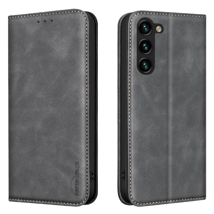 

For Samsung Galaxy S23 5G BINFEN COLOR Calfskin Texture Magnetic RFID Vegan Leather Phone Case(Black)