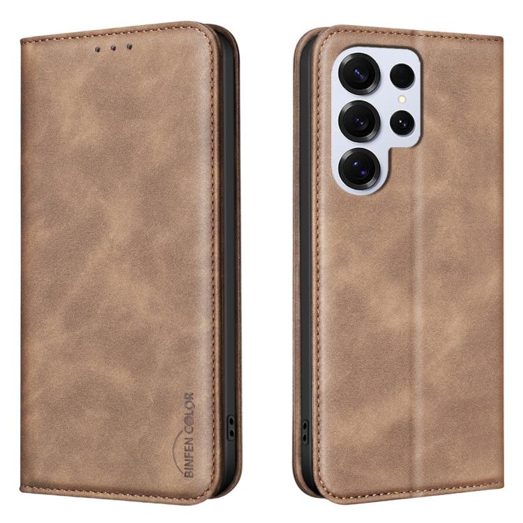 

For Samsung Galaxy S24 Ultra 5G BINFEN COLOR Calfskin Texture Magnetic RFID Vegan Leather Phone Case(Brown)