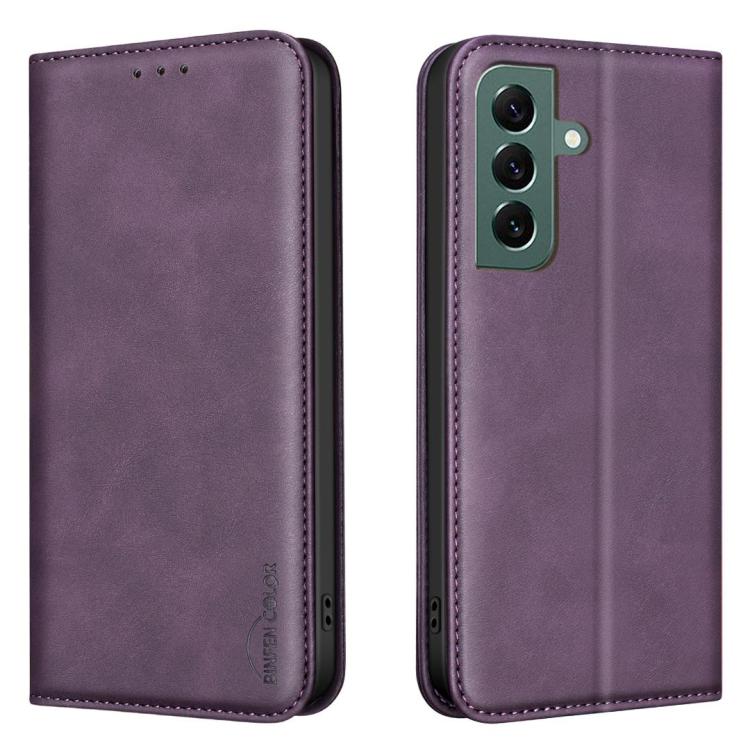 For Samsung Galaxy S24 5G / S25 5G BINFEN COLOR Calfskin Texture Magnetic RFID Vegan Leather Phone Case(Purple)