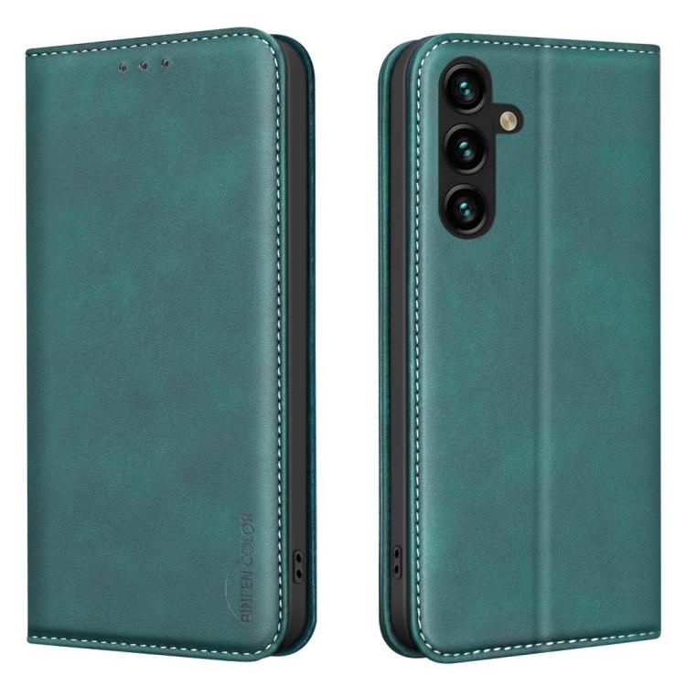 

For Samsung Galaxy S25 FE 5G BINFEN COLOR Calfskin Texture Magnetic RFID Vegan Leather Phone Case(Green)