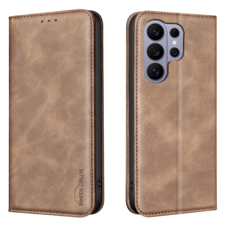 

For Samsung Galaxy S26 Ultra 5G BINFEN COLOR Calfskin Texture Magnetic RFID Vegan Leather Phone Case(Brown)