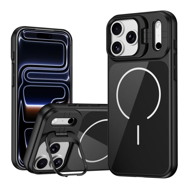 For iPhone 17 Pro Max Lens Frame Stand Glass Thin Circle Magnetic Phone Case(Black)