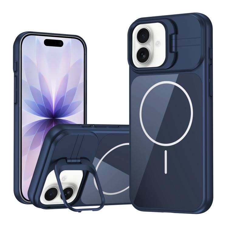 For iPhone 17 Lens Frame Stand Glass Thin Circle Magnetic Phone Case(Blue)