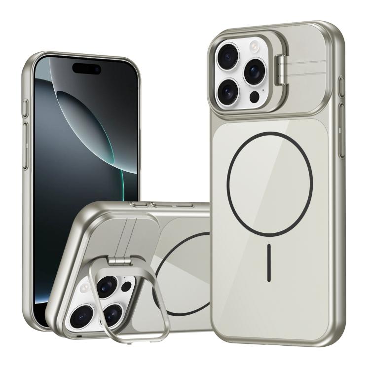 For iPhone 16 Pro Max Lens Frame Stand Glass Thin Circle Magnetic Phone Case(Silver)