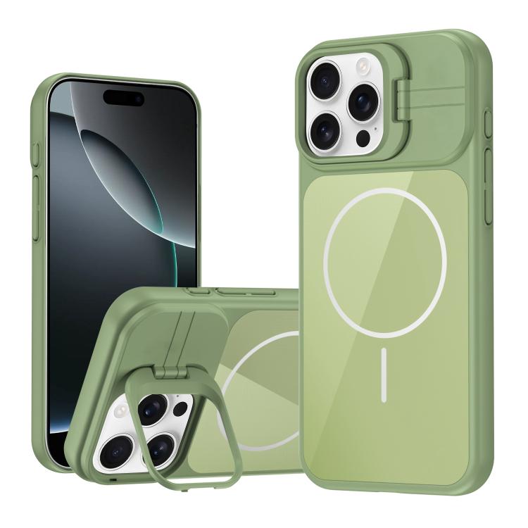 For iPhone 16 Pro Lens Frame Stand Glass Thin Circle Magnetic Phone Case(Green)