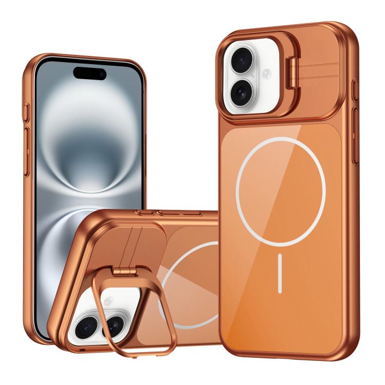 For iPhone 16 Lens Frame Stand Glass Thin Circle Magnetic Phone Case(Orange)