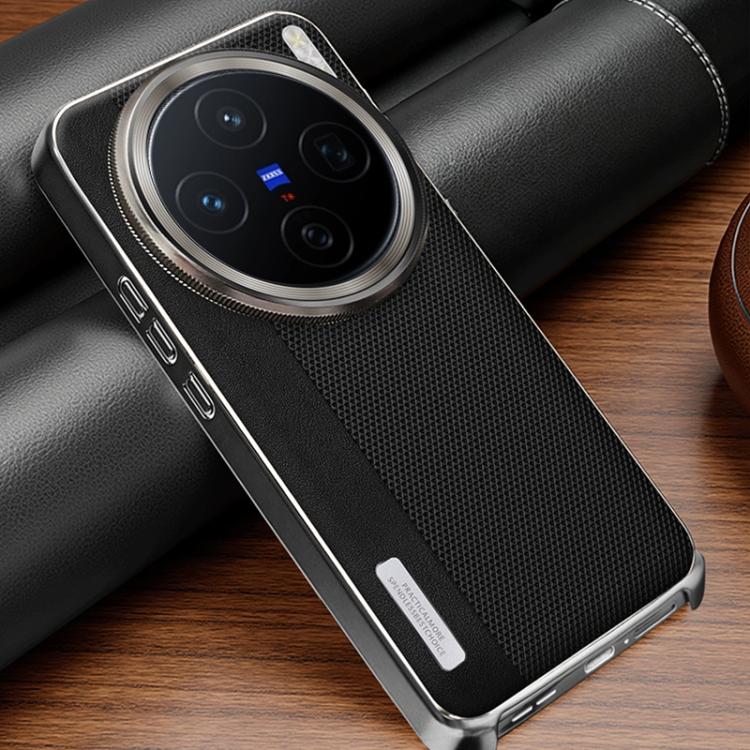 For vivo X200 Pro mini Electroplated Matte Frame Dual Color Splicing Vegan Leather Phone Case(Black)