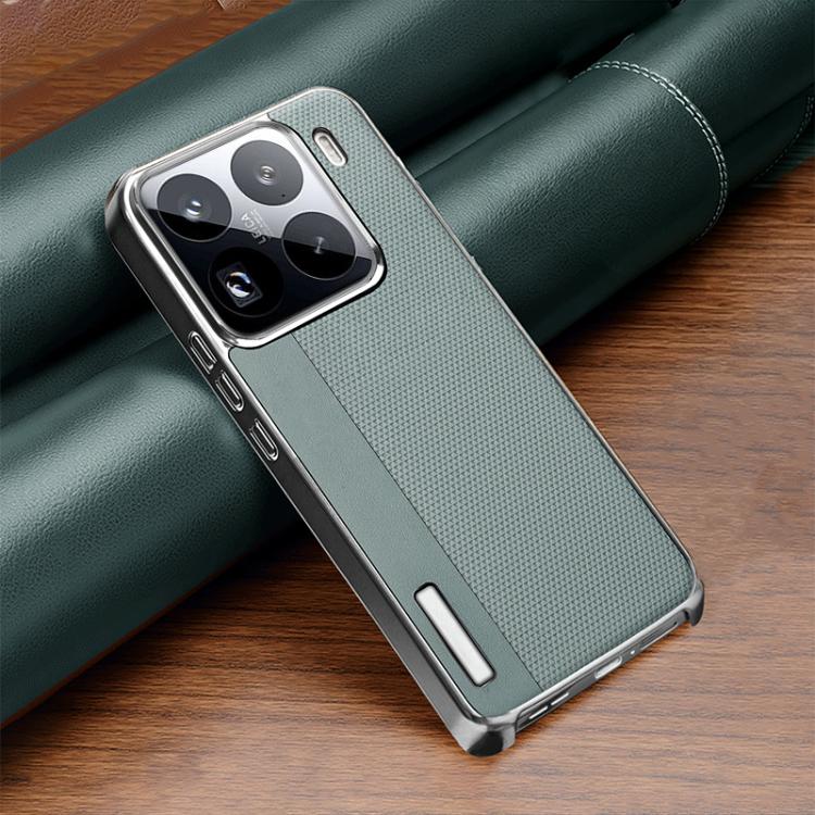 For Xiaomi 15 Pro Electroplated Matte Frame Dual Color Splicing Vegan Leather Phone Case(Cyan)