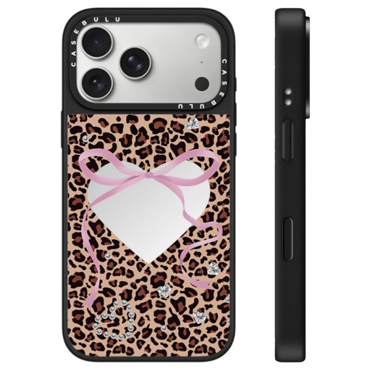 For iPhone 17 Pro Leopard Cherry Series Pattern Camera Control Button Mirror Phone Case(Heart Leopard)