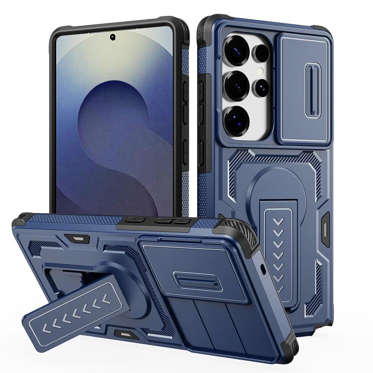For Galaxy S25 Ultra 5G Slid Camera Shield Invisible Holder PC Hybrid TPU Phone Case(Blue)