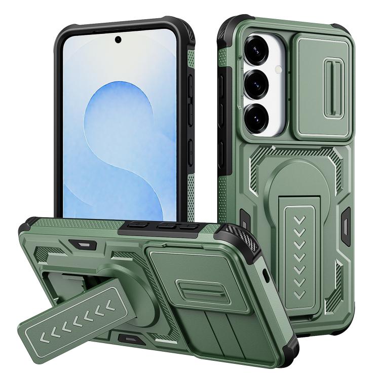 For Galaxy S25 5G / S24 5G Slid Camera Shield Invisible Holder PC Hybrid TPU Phone Case(Green)