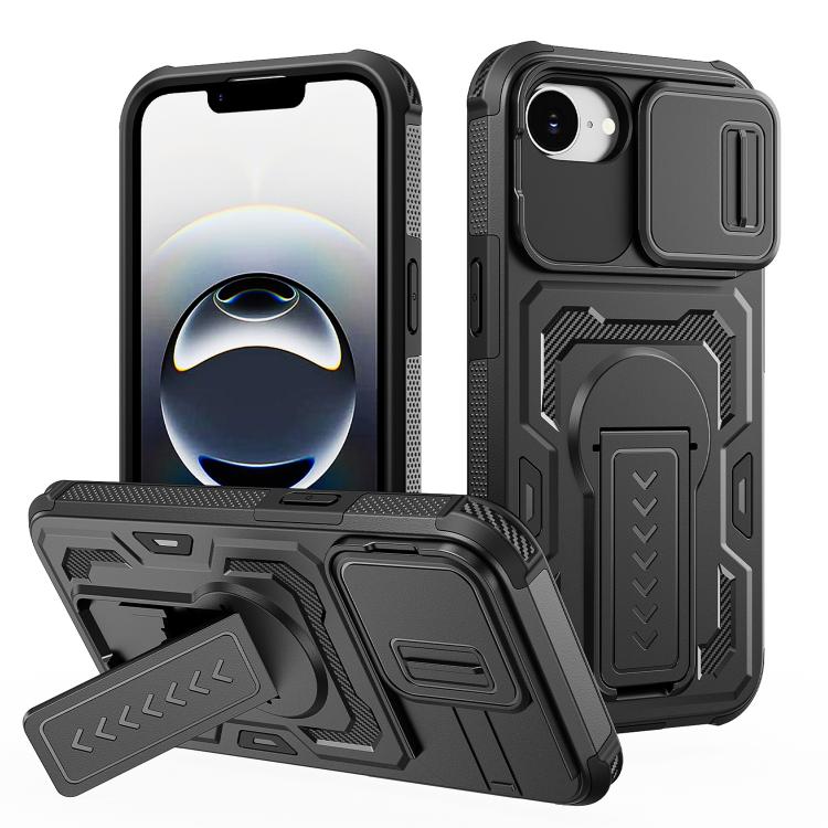 

For iPhone 17e / 16e Slid Camera Shield Invisible Holder PC Hybrid TPU Phone Case(Black)