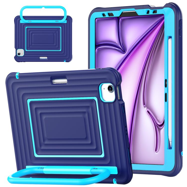 

For iPad Air 11 2026 / 2025 / 2024 Handle Holder Ripple Silicone Hybrid PC Tablet Case with Shoulder Strap(Navy Blue)