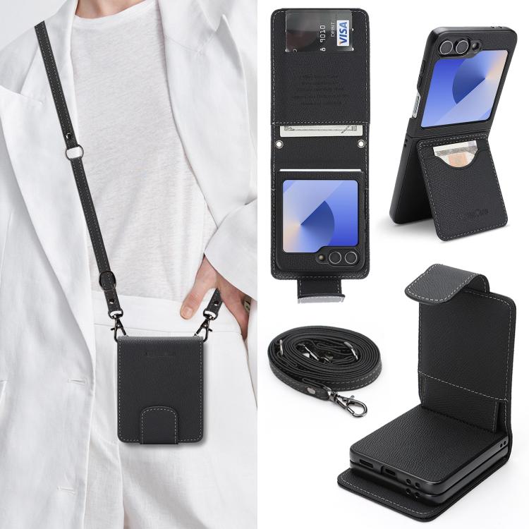 

For Galaxy Z Flip6 / Flip7 FE Retro Litchi Texture Vegan Leather Magnetic Wallet Phone Case with Crossbody Strap(Black)