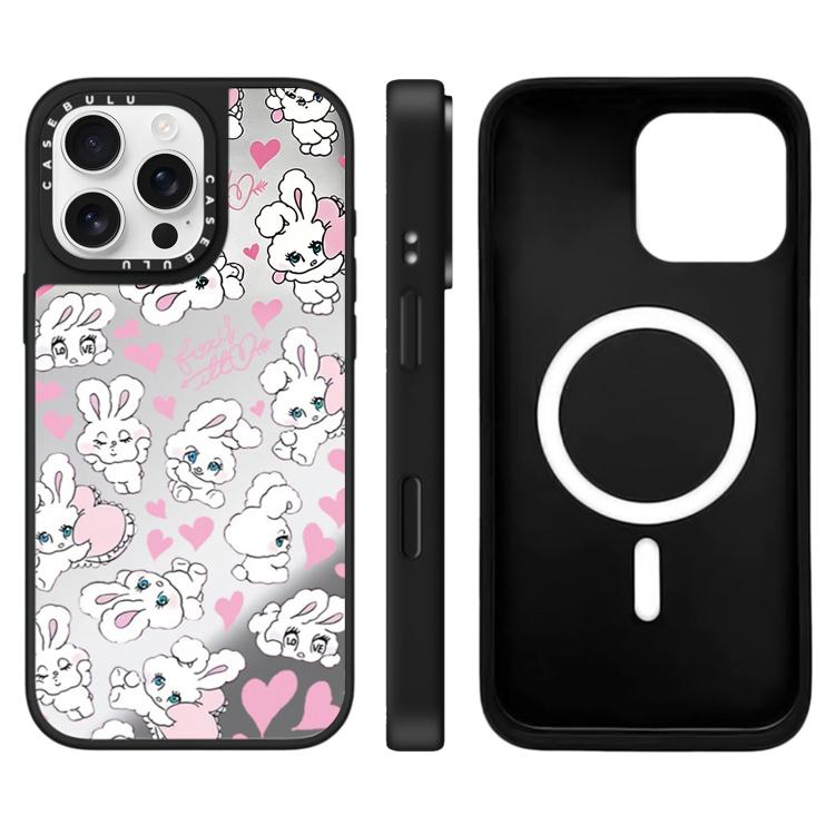 

For iPhone 16 Pro Max Bunny Series Pattern Mirror Magnetic Phone Case(Hearts Bunny Silver)