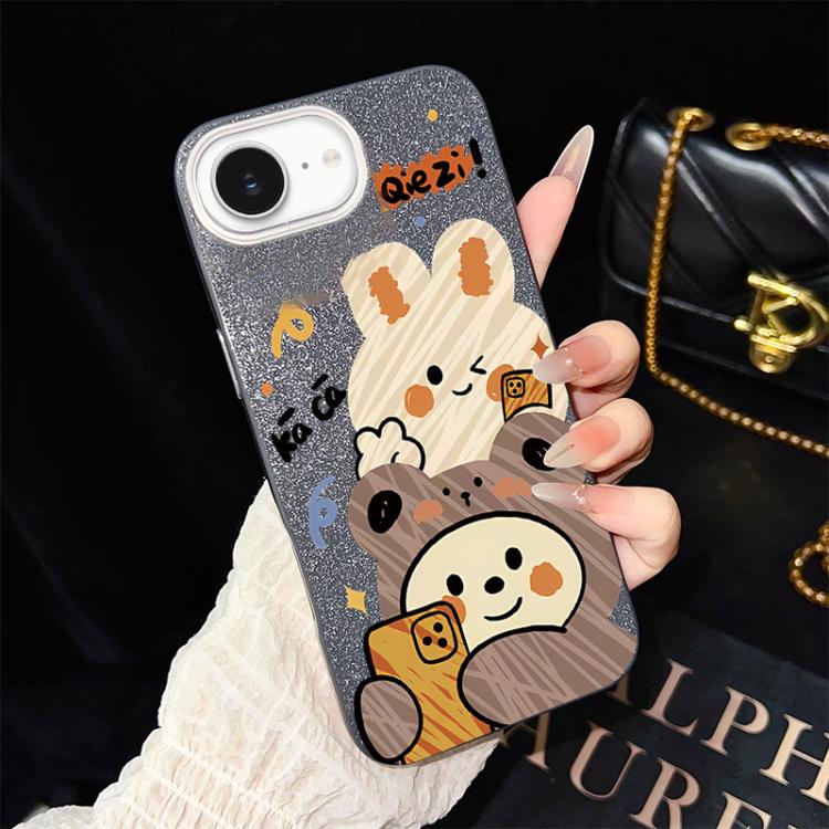

For iPhone 17e / 16e Bear Pattern IMD Glitter PC Hybrid TPU Phone Case(Black)