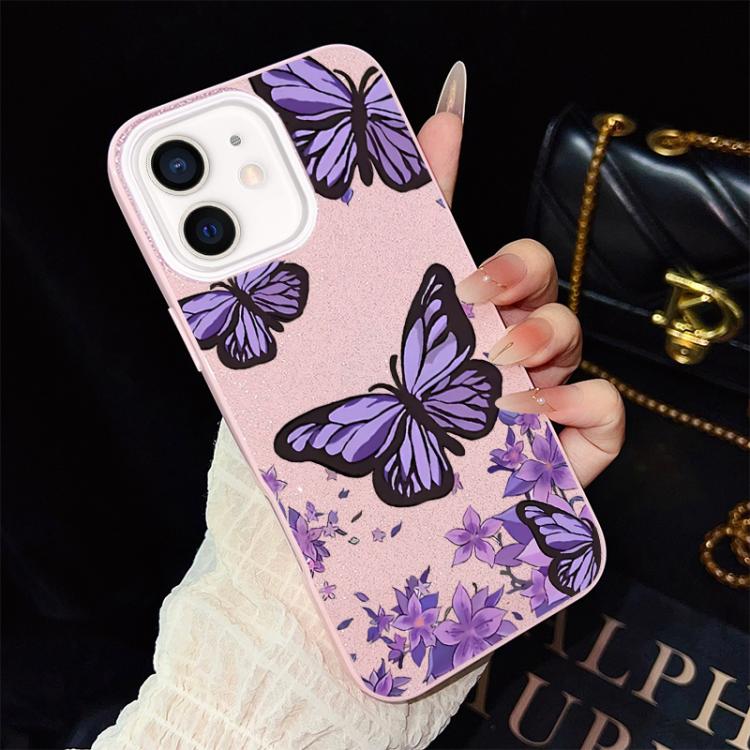 For iPhone 11 Purple Butterflies Pattern IMD Glitter PC Hybrid TPU Phone Case(Pink)