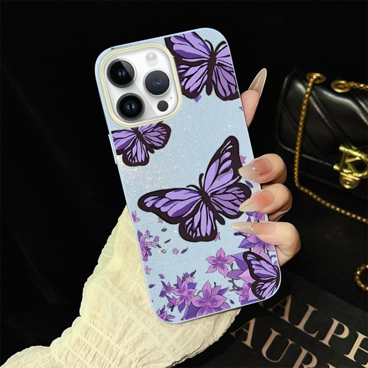 For iPhone 14 Pro Max Purple Butterflies Pattern IMD Glitter PC Hybrid TPU Phone Case(Blue)