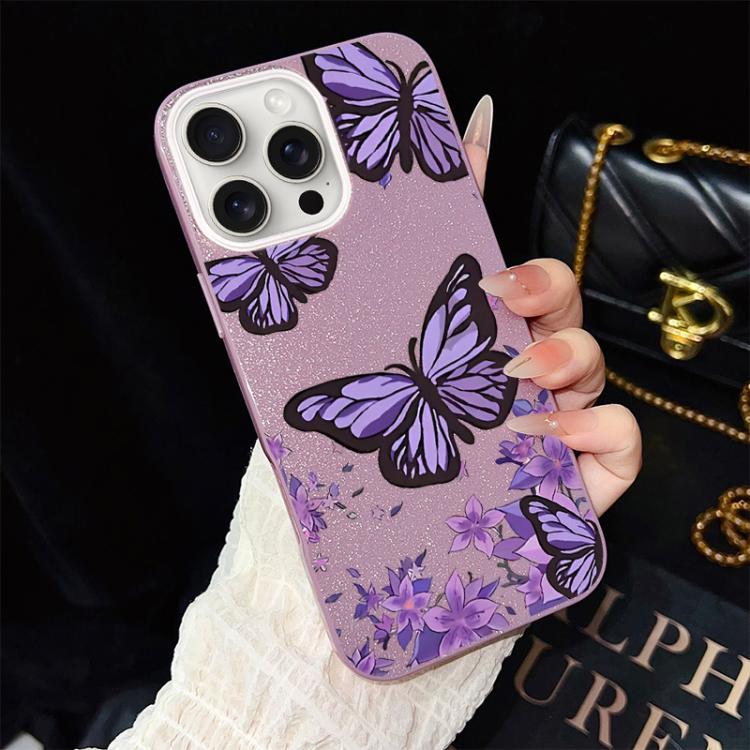 For iPhone 15 Pro Purple Butterflies Pattern IMD Glitter PC Hybrid TPU Phone Case(Purple)