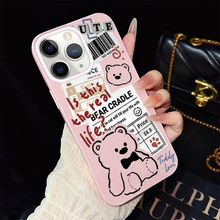 For iPhone 11 Pro Max Newspaper Bear Pattern IMD Glitter PC Hybrid TPU Phone Case(Pink)