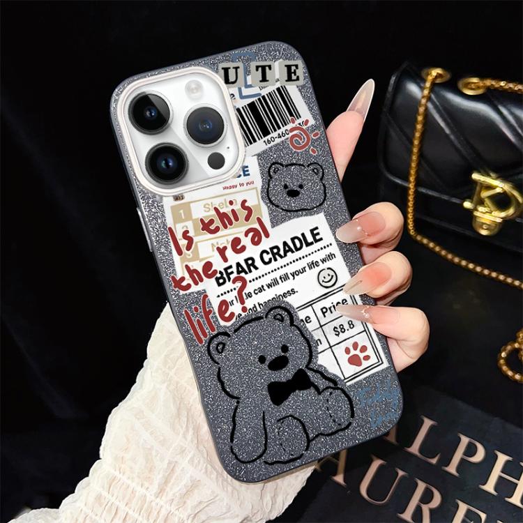 For iPhone 12 Pro Max Newspaper Bear Pattern IMD Glitter PC Hybrid TPU Phone Case(Black)
