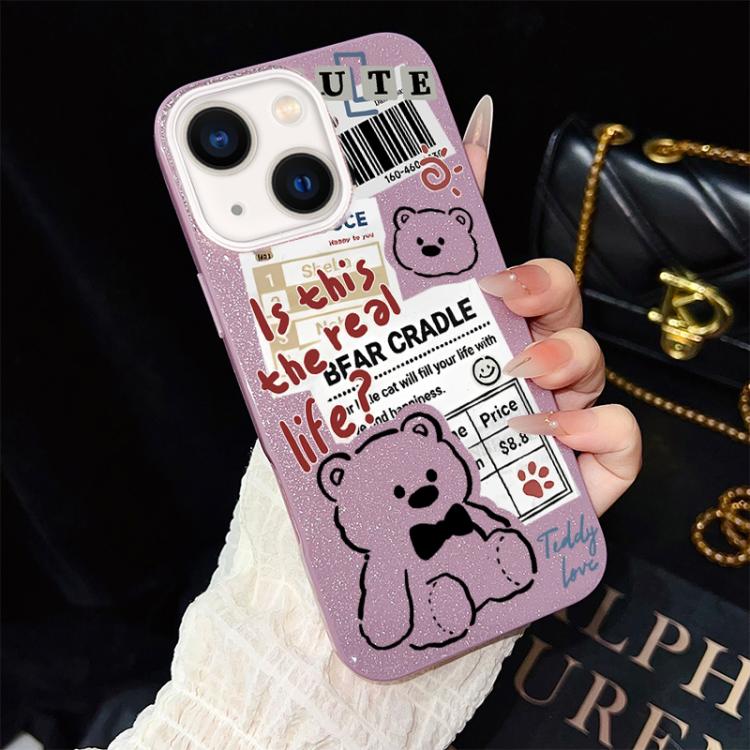 For iPhone 13 Newspaper Bear Pattern IMD Glitter PC Hybrid TPU Phone Case(Purple)