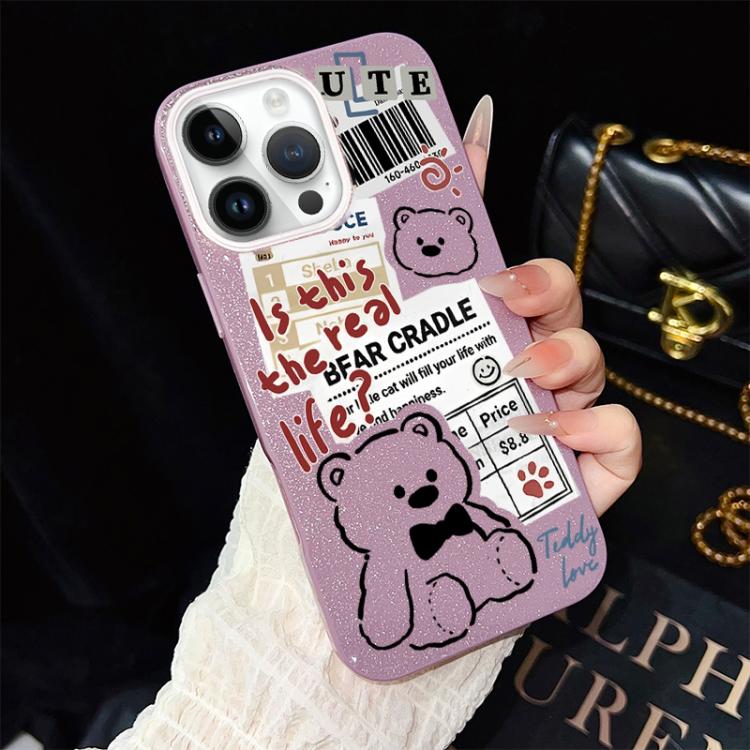For iPhone 13 Pro Newspaper Bear Pattern IMD Glitter PC Hybrid TPU Phone Case(Purple)