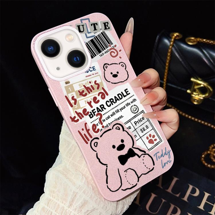 For iPhone 14 Newspaper Bear Pattern IMD Glitter PC Hybrid TPU Phone Case(Pink)