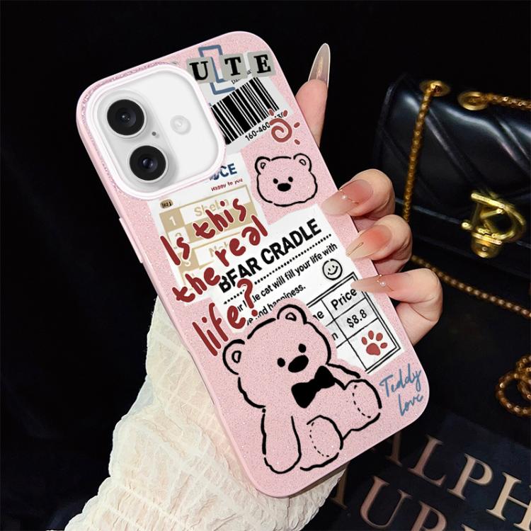 For iPhone 16 Plus Newspaper Bear Pattern IMD Glitter PC Hybrid TPU Phone Case(Pink)