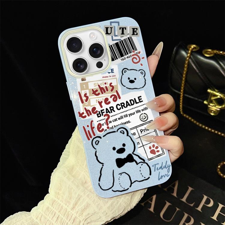 For iPhone 16 Pro Newspaper Bear Pattern IMD Glitter PC Hybrid TPU Phone Case(Blue)
