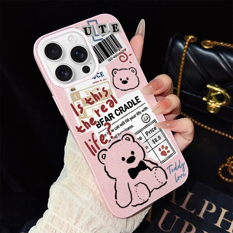 

For iPhone 16 Pro Max Newspaper Bear Pattern IMD Glitter PC Hybrid TPU Phone Case(Pink)