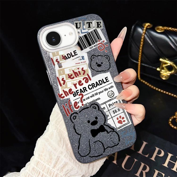 For iPhone 17e / 16e Newspaper Bear Pattern IMD Glitter PC Hybrid TPU Phone Case(Black)