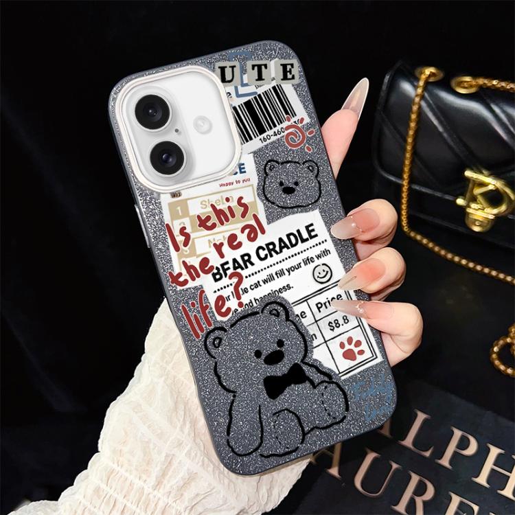 For iPhone 17 Newspaper Bear Pattern IMD Glitter PC Hybrid TPU Phone Case(Black)