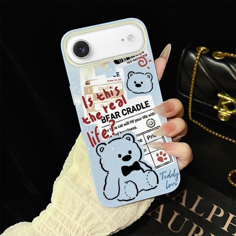 For iPhone Air Newspaper Bear Pattern IMD Glitter PC Hybrid TPU Phone Case(Blue)