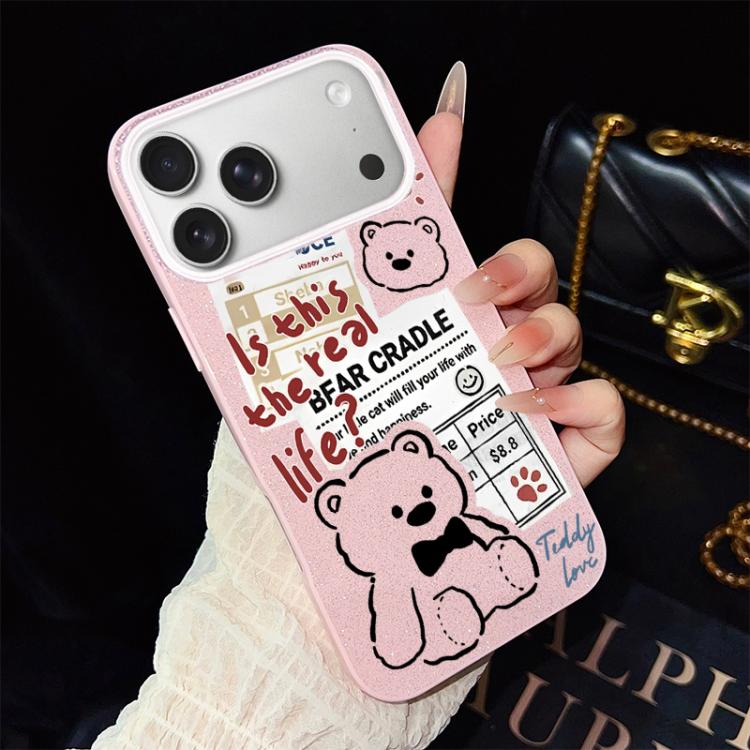 For iPhone 17 Pro Newspaper Bear Pattern IMD Glitter PC Hybrid TPU Phone Case(Pink)