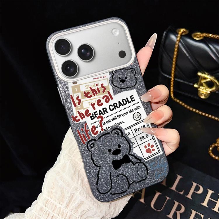 For iPhone 17 Pro Max Newspaper Bear Pattern IMD Glitter PC Hybrid TPU Phone Case(Black)