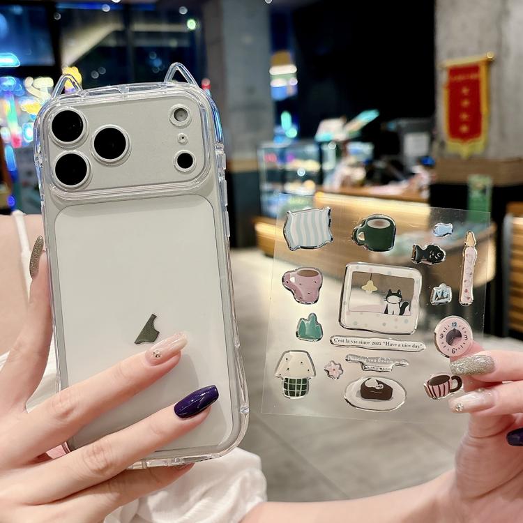 

For iPhone 17 Pro Max Cat-Ear Style Transparent PC Phone Case with Resin Sticker(Alarm Clock Kitten)