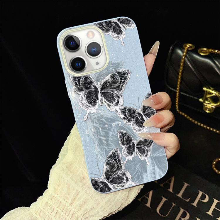 For iPhone 11 Pro Sketch Butterflies Pattern IMD Glitter PC Hybrid TPU Phone Case(Blue)