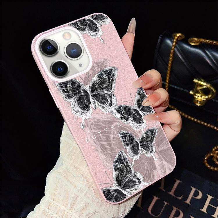 

For iPhone 11 Pro Max Sketch Butterflies Pattern IMD Glitter PC Hybrid TPU Phone Case(Pink)