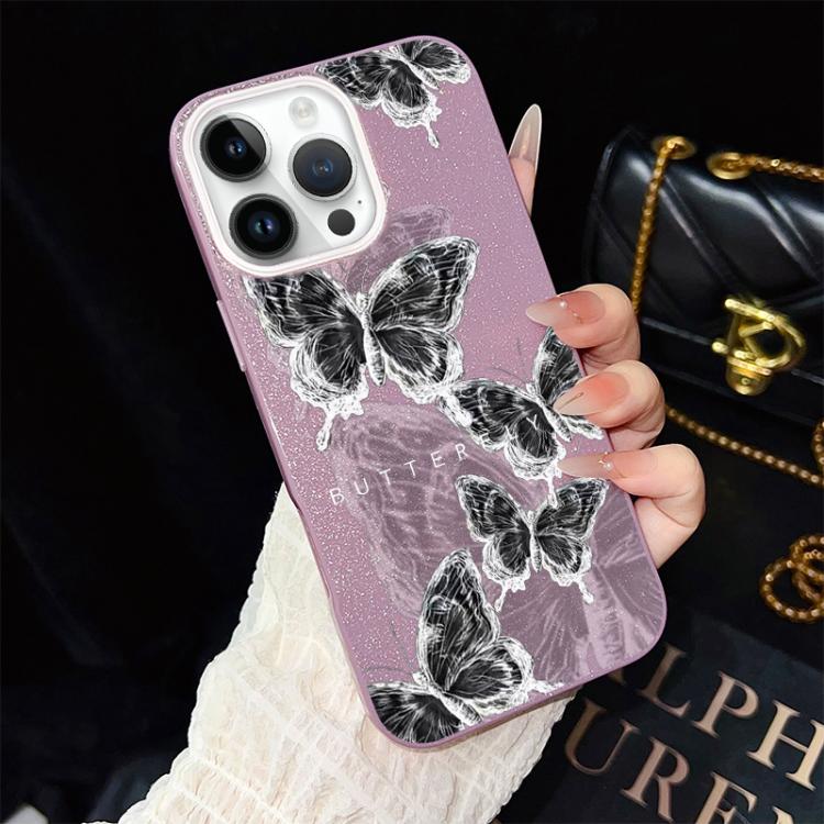 For iPhone 12 Pro Max Sketch Butterflies Pattern IMD Glitter PC Hybrid TPU Phone Case(Purple)