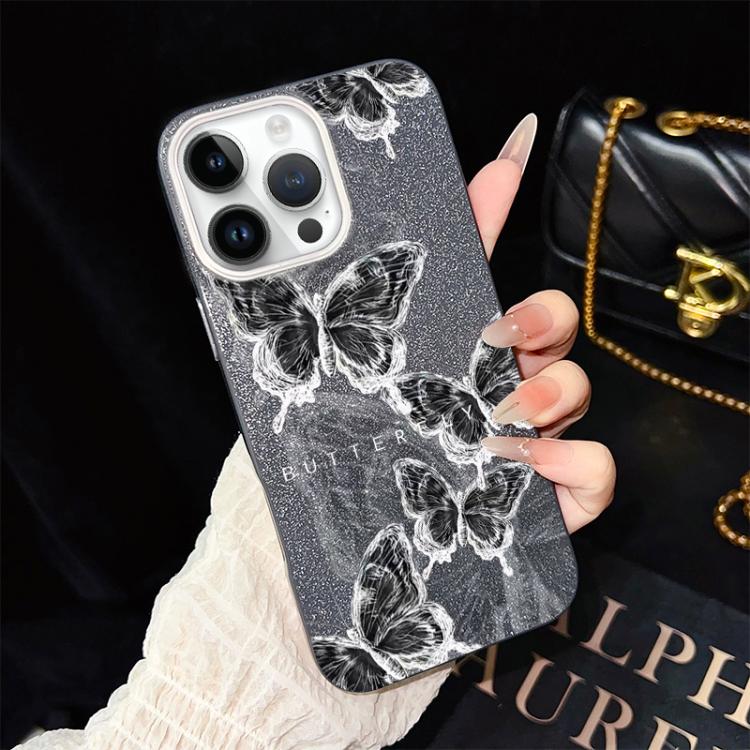 For iPhone 13 Pro Sketch Butterflies Pattern IMD Glitter PC Hybrid TPU Phone Case(Black)