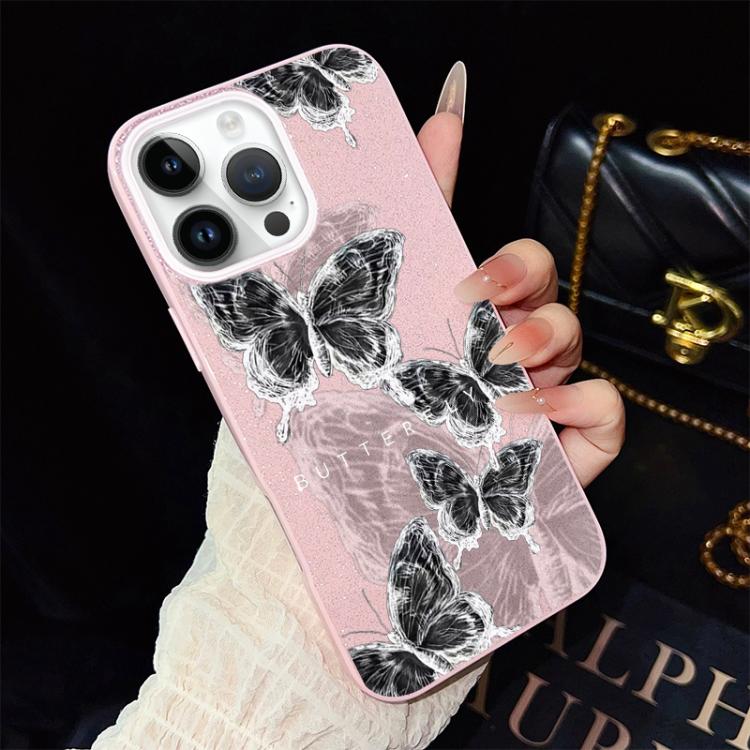 For iPhone 13 Pro Max Sketch Butterflies Pattern IMD Glitter PC Hybrid TPU Phone Case(Pink)