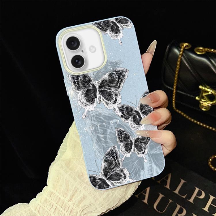 For iPhone 16 Sketch Butterflies Pattern IMD Glitter PC Hybrid TPU Phone Case(Blue)